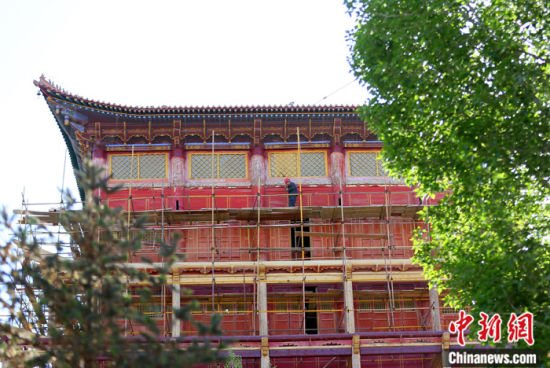 圖為5月上旬，甘肅山丹縣大佛寺內(nèi)，工作人員對古建筑大雄寶殿進(jìn)行修繕。 中新社記者 高展 攝