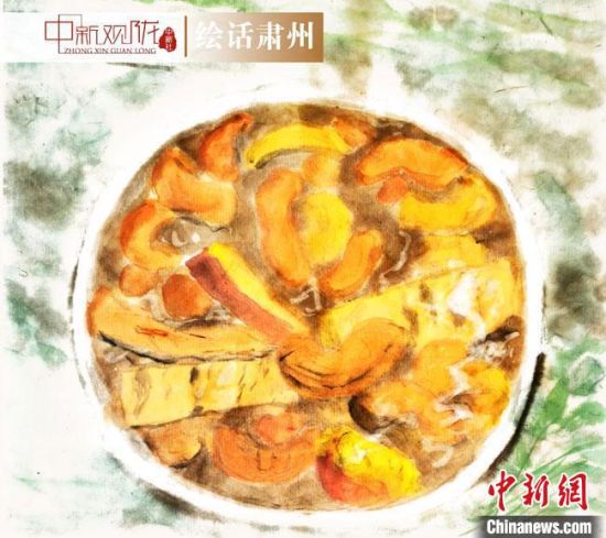 圖為酒泉美食“糊鍋”繪畫(huà)作品。　杜興彥 攝