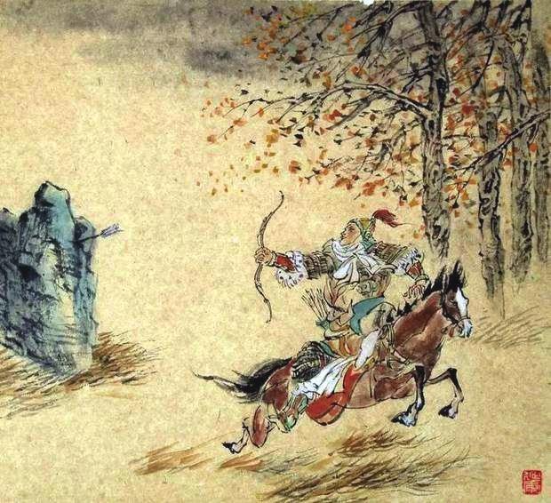 “林暗草驚風(fēng)，將軍夜引弓。”畫作